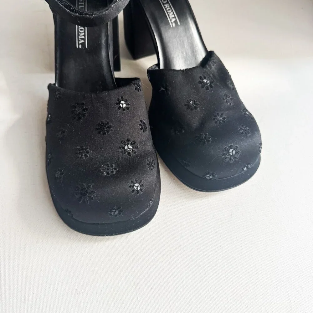 Vintage Y2K Studio Roma Black Satin Floral Chunky Heels 11